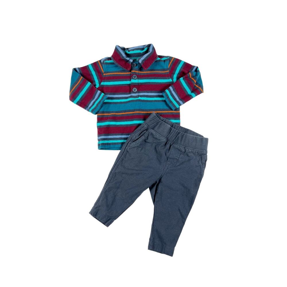 Tea Collection Striped Polo Shirt Pants Outfit Set Blue 6-9 Months